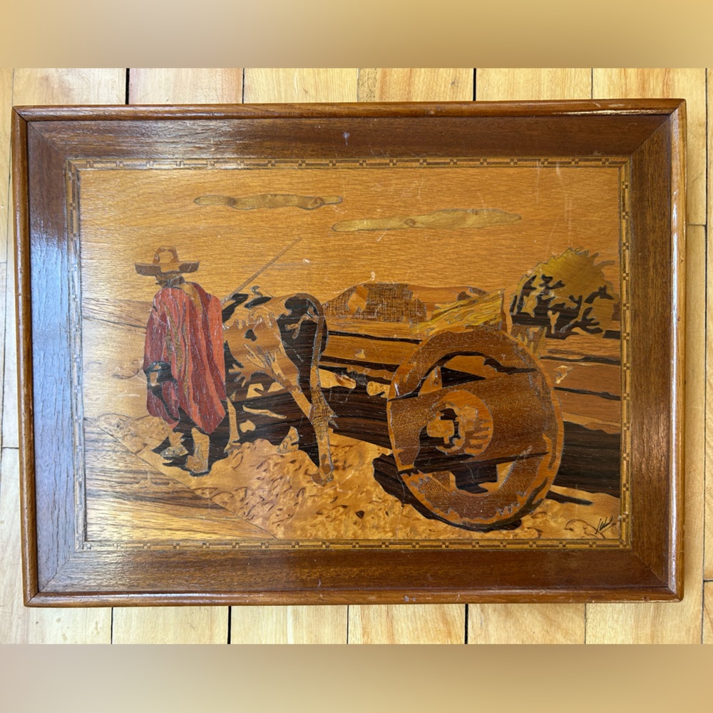 Vintage framed marquetry wood art brown tan man dog cart Jesus Salmon lot of two - Picture 3 of 9